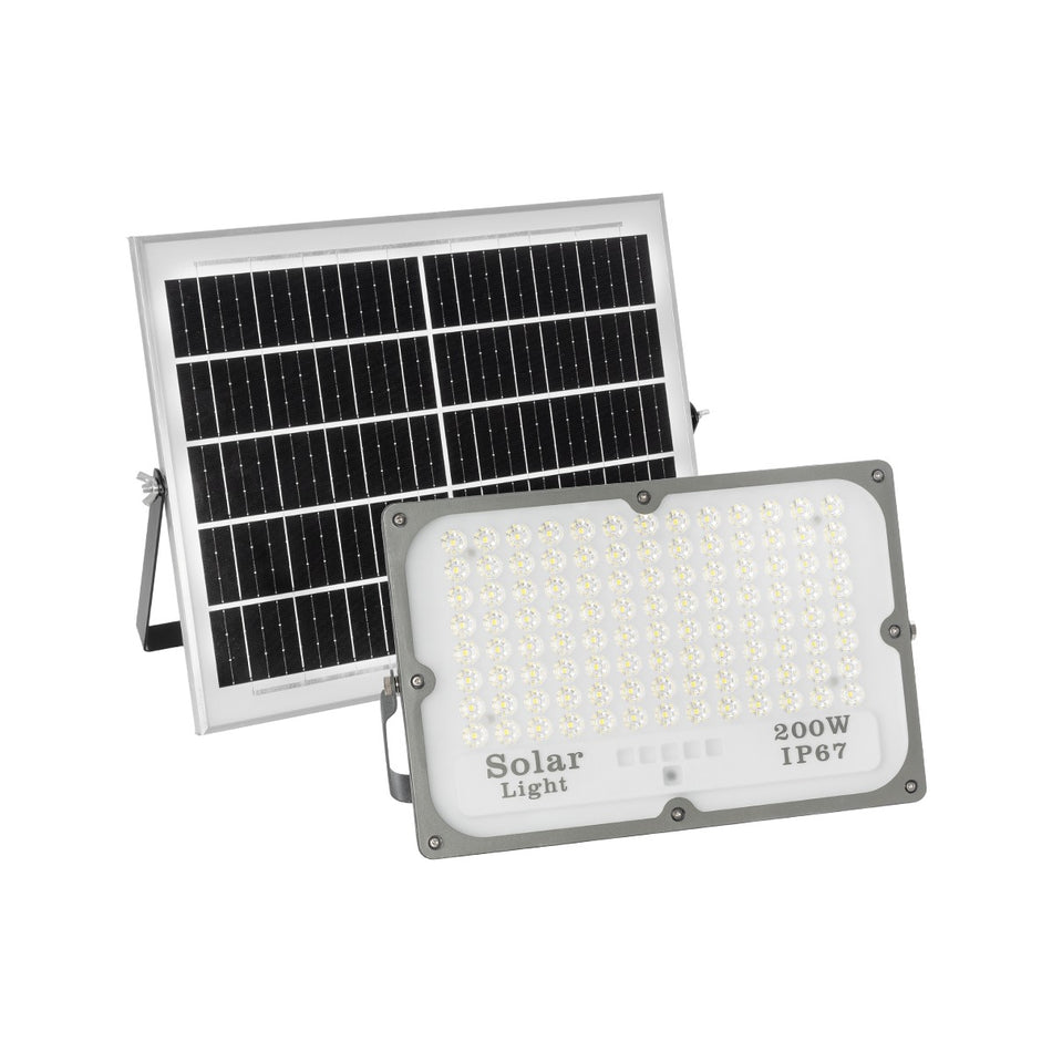 LUMOVOX 73068 Προβολέας LED 200W 10000lm 120° DC 5V με Φωτοβολταϊκό Panel 5V 12W & Επαναφορτιζόμενη Μπαταρία Li-ion 3.2V 10000mAh Αδιάβροχο IP67 Ψυχρό Λευκό 6000K - 180 x SMD2835 Sanan Chip - Γκρι Ανθρακί - Μ29.5 x Π5.5 x Υ19cm - 2 Χρόνια Εγγύηση