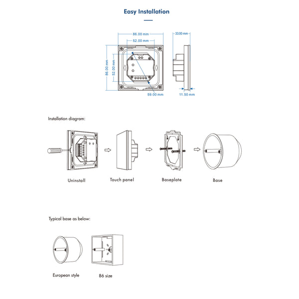 73161 T13 SKYDANCE Wireless DMX512 Wandcontroller RF 2,4 GHz 4 Gruppen für alle SKYDANCE DMX512 Controller AC 100–240 V Max. 0,1 A – IP20 M8,5 x B8,5 x H3,5 cm – 5 Jahre Garantie