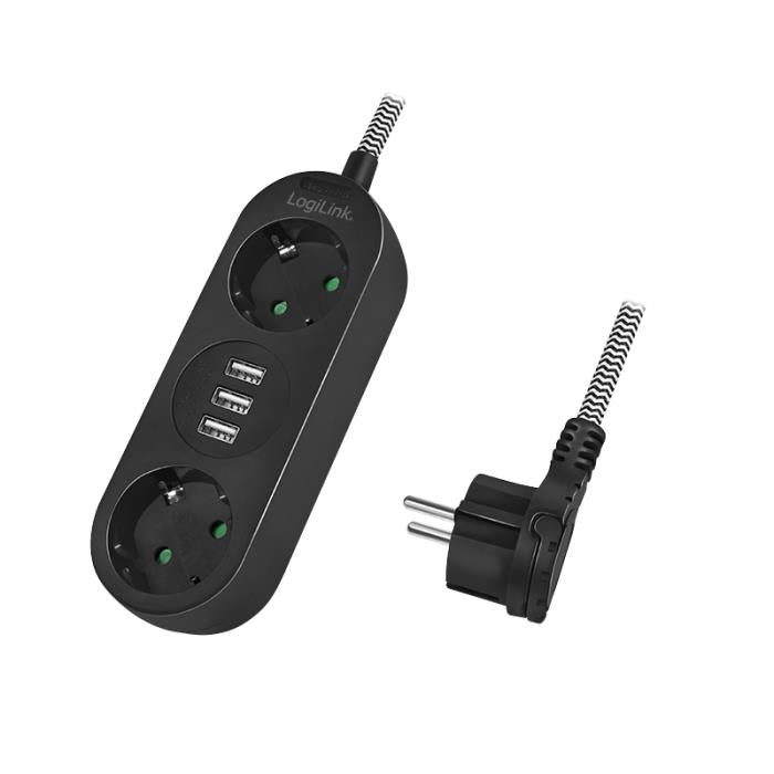 Multiprise 2 Prises LogiLink LPS262U, avec 3 Ports USB 1.5m Noir