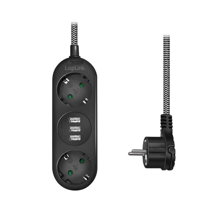 Multiprise 2 Prises LogiLink LPS262U, avec 3 Ports USB 1.5m Noir