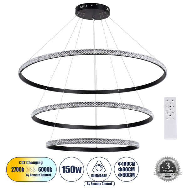 DIAMOND TRIO 61140 Κρεμαστό Φωτιστικό Δαχτυλίδι-Κύκλος LED CCT 150W 18379lm 360° AC 220-240V - Εναλλαγή Φωτισμού μέσω Τηλεχειριστηρίου All In One Dimmable - Μαύρο - 3 Years Warranty