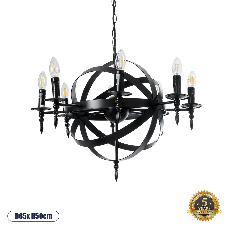 GLOBOSTAR® ESTELLE 01003 Vintage Deckenleuchte mit 8 x E14 Fassung AC 220-240V IP20 - Schwarz - L65 x B65 x H50cm