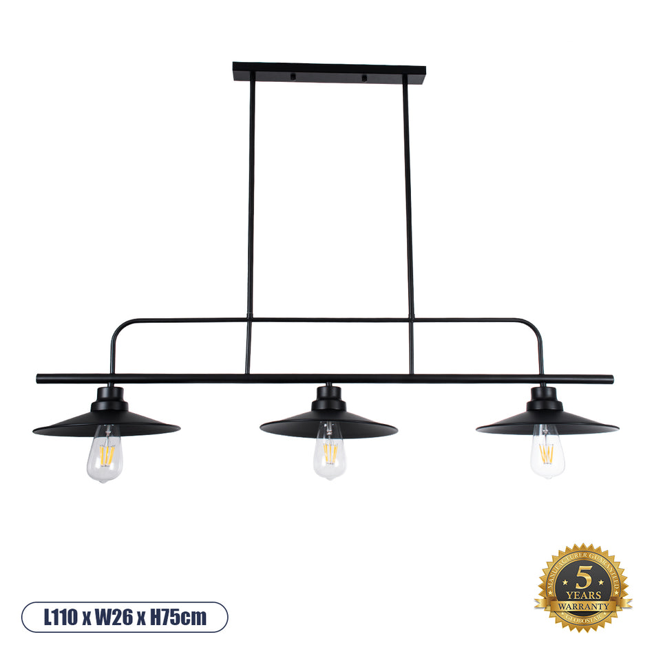 GLOBOSTAR® REGAL 01009 Vintage Φωτιστικό Οροφής με Ντουί 3 x E27 AC 220-240V IP20 - Μαύρο - Μ110 x Π26 x Υ75cm
