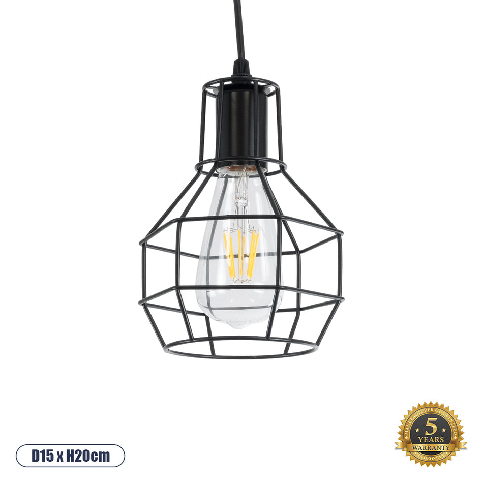 GLOBOSTAR® CAGE 01017 Vintage Pendelleuchte mit Fassung 1 x E27 AC 220-240V IP20 - Schwarz - L15 x B15 x H20cm