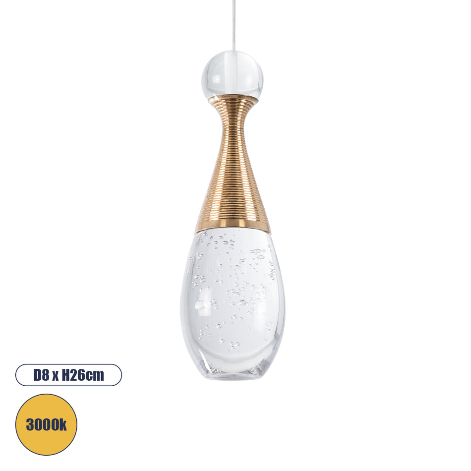 GLOBOSTAR® JADORE 01232 Μοντέρνο Κρεμαστό Φωτιστικό Οροφής LED 5W 400lm 120° AC 220-240V IP20 Θερμό Λευκό 3000K - Lumileds SMD Chip - Χρυσό & Διάφανο - Μ8 x Π8 x Υ26cm - 2 Χρόνια Εγγύηση