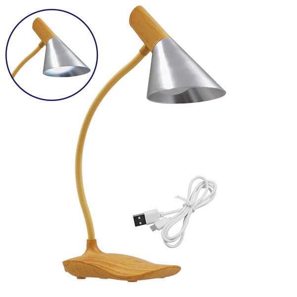 DRAPER 01438 USB-aufladbare Schreibtischlampe, LED, 6 Watt, einzelnes Licht, holzfarbenes Metall mit silberner Kappe, Tagesweiß, 4500 K, dimmbar