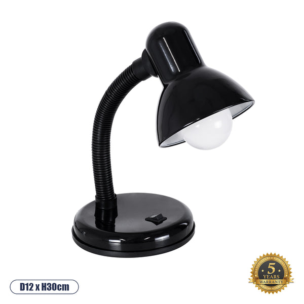 STUDENT BLACK Moderne Büro-Schreibtischlampe, Einzellicht, 1 x E27, Schwarz mit Weiß-Metallic, mit Glocken-EIN/AUS-Schalter