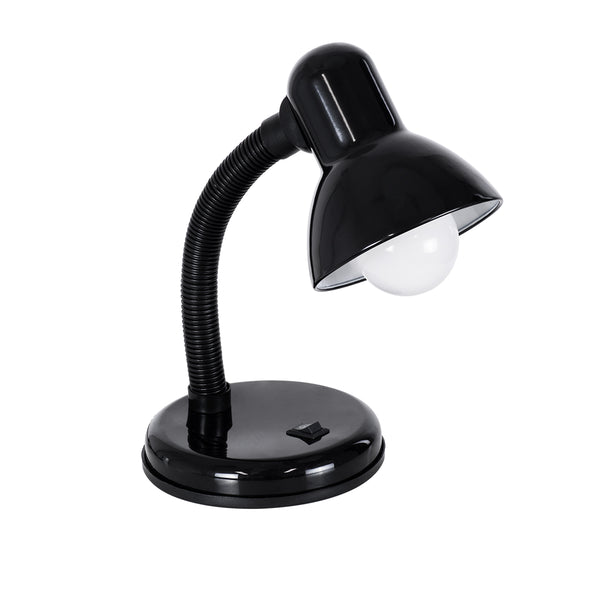 STUDENT BLACK Moderne Büro-Schreibtischlampe, Einzellicht, 1 x E27, Schwarz mit Weiß-Metallic, mit Glocken-EIN/AUS-Schalter