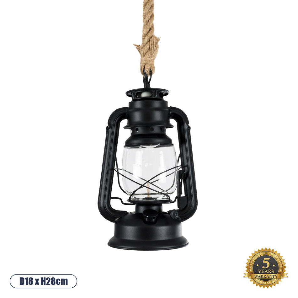 GLOBOSTAR® BARBAROSSA 01704 Vintage Κρεμαστό Φωτιστικό Οροφής με Ντουί 1 x E27 AC 220-240V IP20 - Μαύρο - Μ18 x Π18 x Υ28cm