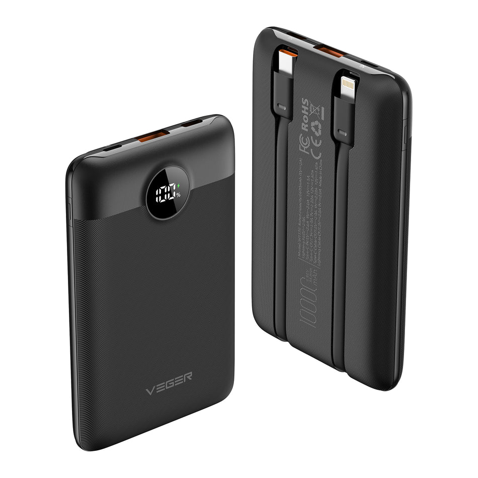 Veger C11 - 10,000mAh PD22.5W PD Digital Display Light Weight Powerbank With Built In Lightning & USB-C Cable Μαύρο