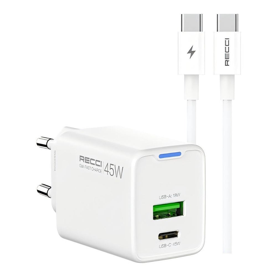 Chargeur Rapide Recci RC108E Gan PD45W avec Câble Type-C vers Type-C - Blanc