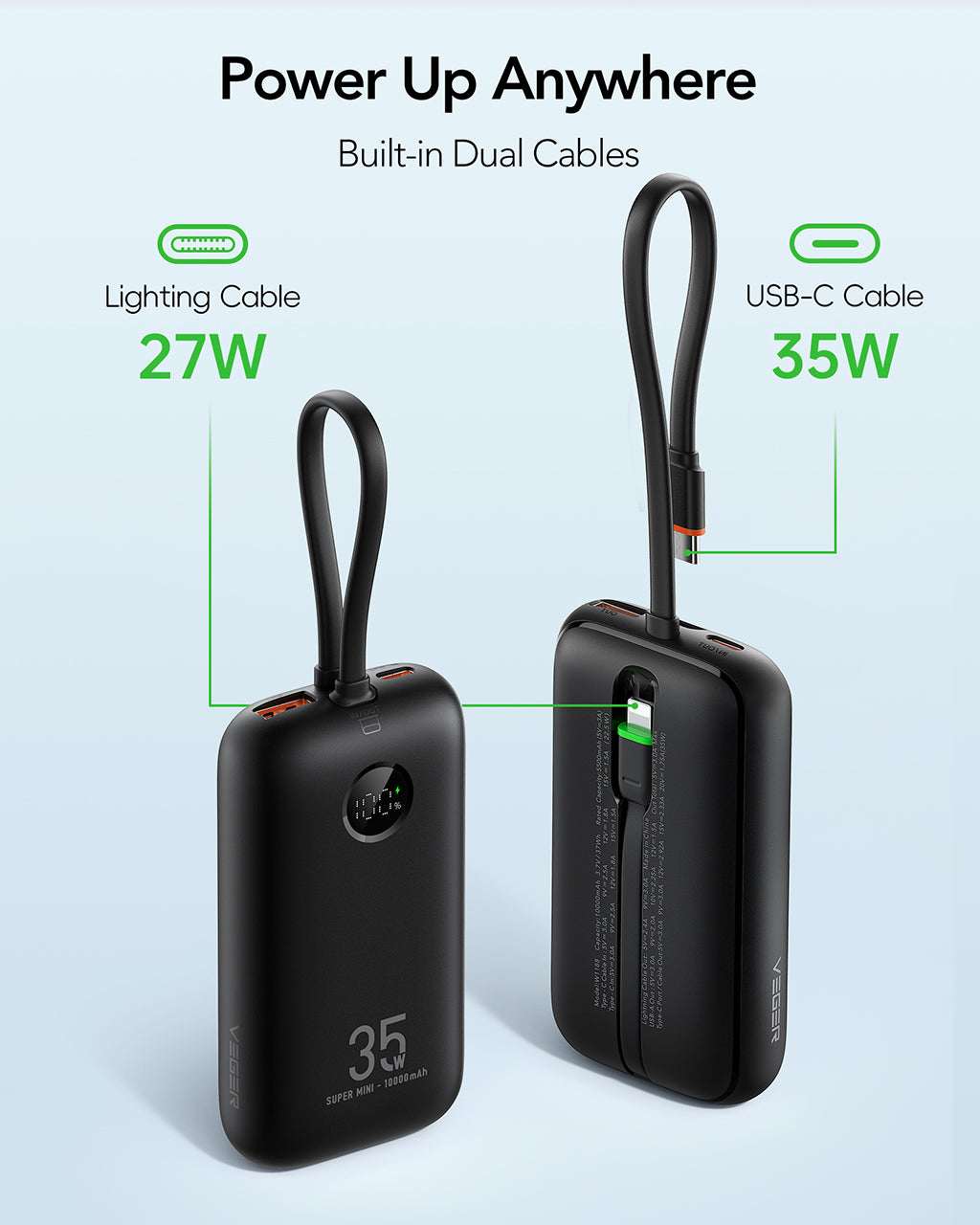 Veger K1 - 10,000mAh 35W PD Digital Display Powerbank With Built In Non-MFI Lightning & USB-C Cable