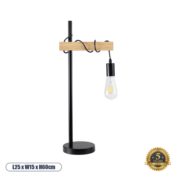 MINDELO 02032 Moderne Tischlampe, Einzelleuchte, 1 x E27, AC220–240 V, IP20 – L25 x B15 x H60 cm – schwarzer Metallkörper mit beigem Holzsockel – 5 Jahre Garantie