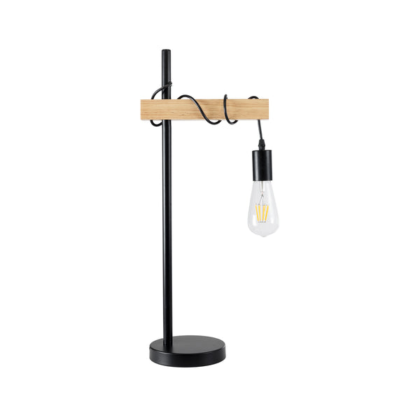 MINDELO 02032 Moderne Tischlampe, Einzelleuchte, 1 x E27, AC220–240 V, IP20 – L25 x B15 x H60 cm – schwarzer Metallkörper mit beigem Holzsockel – 5 Jahre Garantie