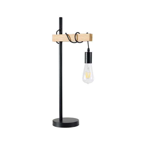 MINDELO 02032 Moderne Tischlampe, Einzelleuchte, 1 x E27, AC220–240 V, IP20 – L25 x B15 x H60 cm – schwarzer Metallkörper mit beigem Holzsockel – 5 Jahre Garantie