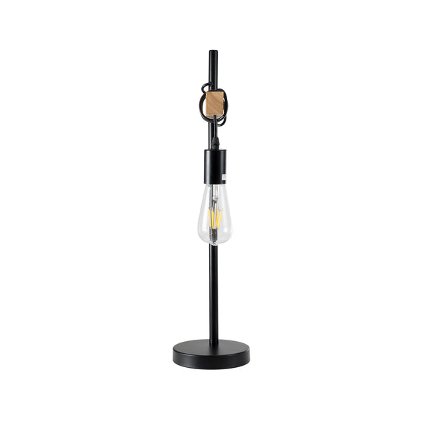 MINDELO 02032 Moderne Tischlampe, Einzelleuchte, 1 x E27, AC220–240 V, IP20 – L25 x B15 x H60 cm – schwarzer Metallkörper mit beigem Holzsockel – 5 Jahre Garantie