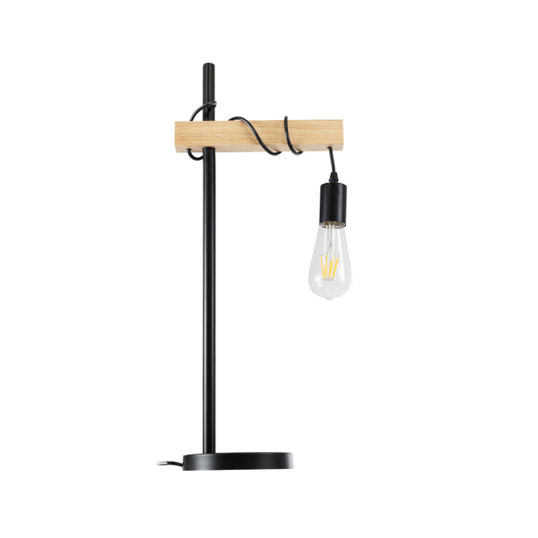 MINDELO 02032 Moderne Tischlampe, Einzelleuchte, 1 x E27, AC220–240 V, IP20 – L25 x B15 x H60 cm – schwarzer Metallkörper mit beigem Holzsockel – 5 Jahre Garantie