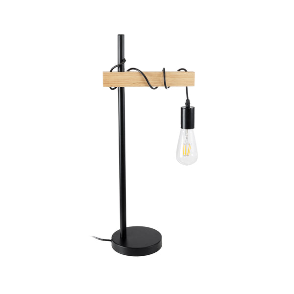 MINDELO 02032 Moderne Tischlampe, Einzelleuchte, 1 x E27, AC220–240 V, IP20 – L25 x B15 x H60 cm – schwarzer Metallkörper mit beigem Holzsockel – 5 Jahre Garantie