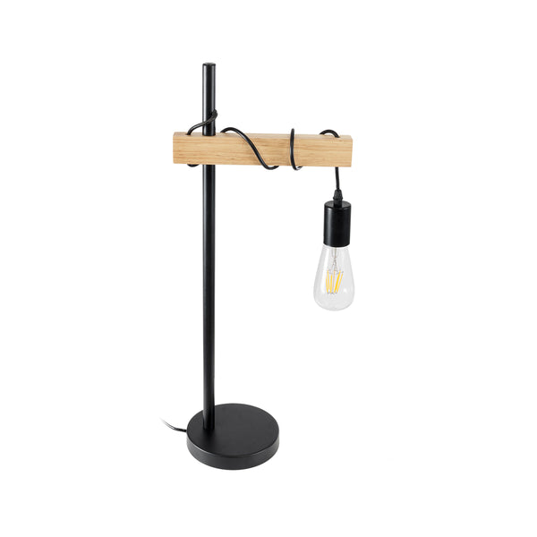 MINDELO 02032 Moderne Tischlampe, Einzelleuchte, 1 x E27, AC220–240 V, IP20 – L25 x B15 x H60 cm – schwarzer Metallkörper mit beigem Holzsockel – 5 Jahre Garantie