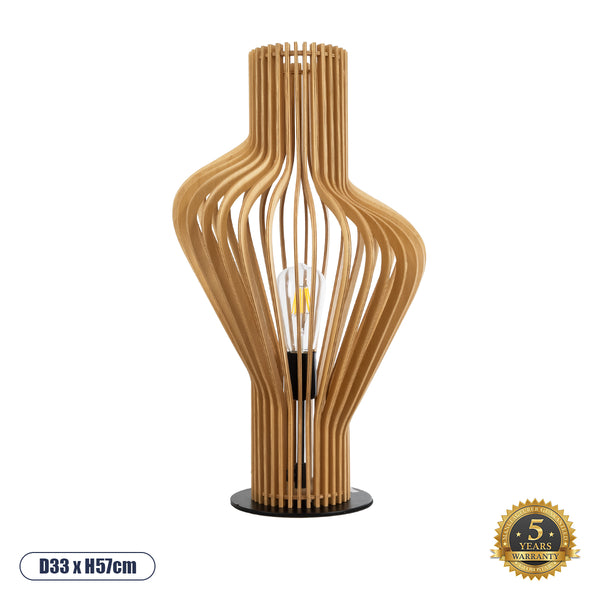 MIHIRO 02176 Boho-Tischlampe, Einzellicht, 1 x E27, AC220–240 V, IP20 – Φ33 x H57 cm – braunes Holz mit schwarzem Metallgeflechtsockel – 5 Jahre Garantie