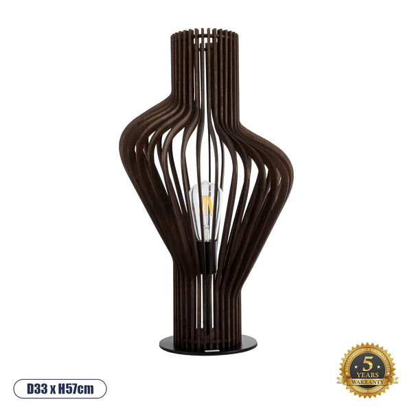 MIHIRO 02177 Boho-Tischlampe, Einzellicht, 1 x E27, AC220–240 V, IP20 – Φ33 x H57 cm – dunkelbraunes Holz mit schwarzem Metallgeflechtsockel – 5 Jahre Garantie