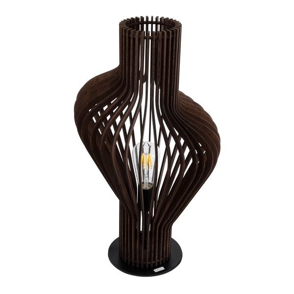 MIHIRO 02177 Boho-Tischlampe, Einzellicht, 1 x E27, AC220–240 V, IP20 – Φ33 x H57 cm – dunkelbraunes Holz mit schwarzem Metallgeflechtsockel – 5 Jahre Garantie