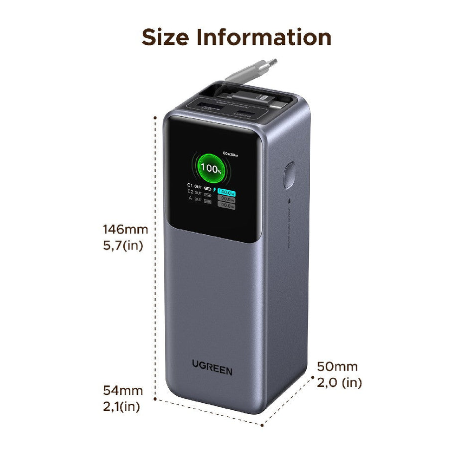 Powerbank 20000mAh PD 165W UGREEN PB726 55987B 2-Port, mit USB-C Kabel 240W Grau