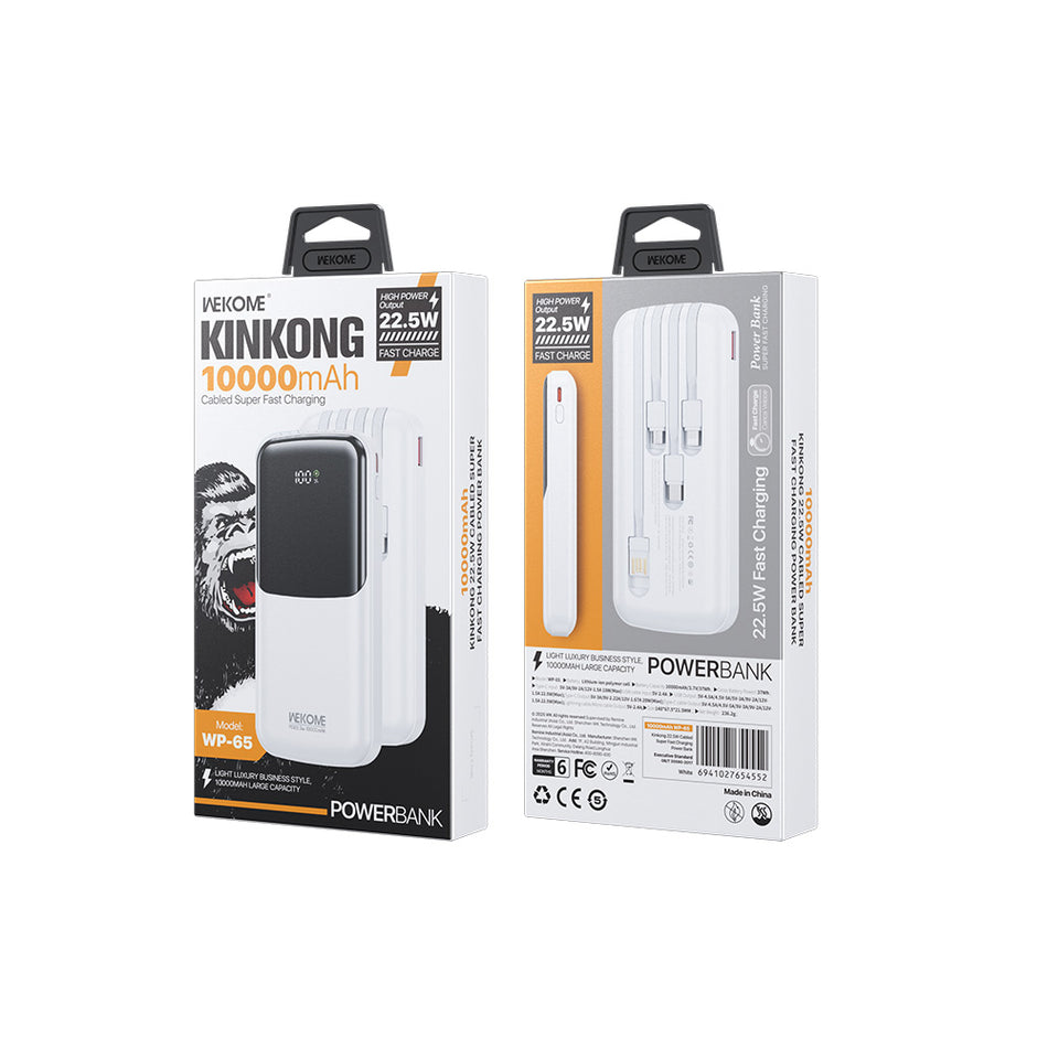 Power Bank 10000mAh PD 22,5W WK WP-65 2 ports, avec câble USB-C/Lightning/Micro/USB Blanc