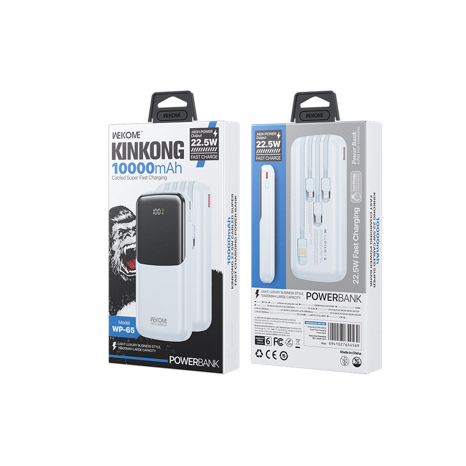 Power Bank 10000mAh PD 22,5W WK WP-65 2 Entrées, avec câble USB-C/Lightning/Micro/USB Bleu