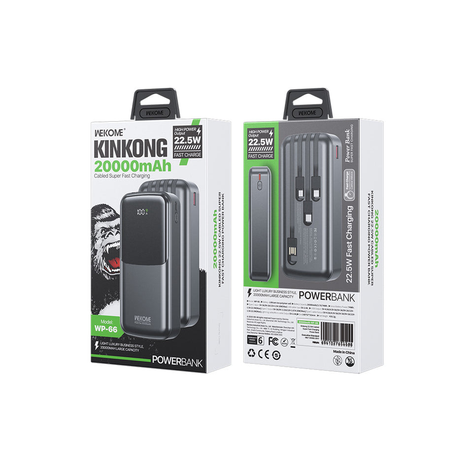 Power Bank 20000mAh PD 22,5W WK WP-66 2 sorties, avec câble USB-C/Lightning/Micro/USB Noir