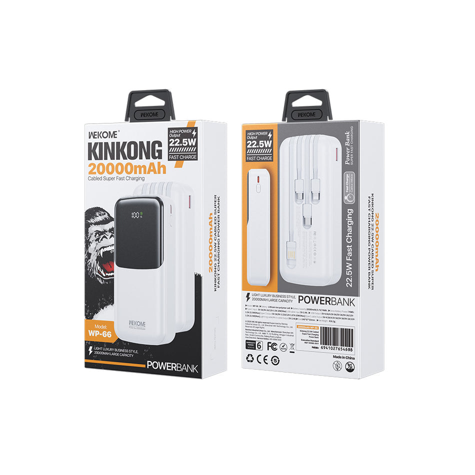 Power Bank 20000mAh PD 22,5W WK WP-66 2 Entrées, avec câble USB-C/Lightning/Micro/USB Blanc