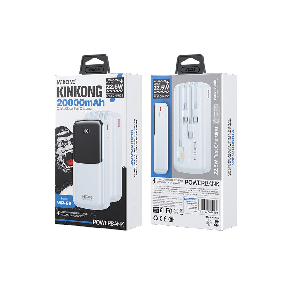 Power Bank 20000mAh PD 22,5W WK WP-66 2 Entrées, avec câble USB-C/Lightning/Micro/USB Bleu