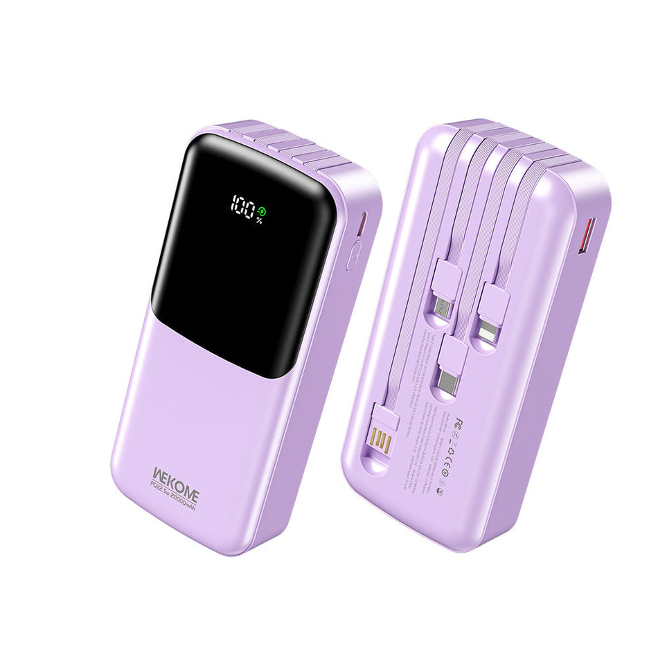 Powerbank 20000mAh PD 22,5W WK WP-66 mit 2 Anschlüssen und USB-C/Lightning/Micro-USB Kabel, Violett