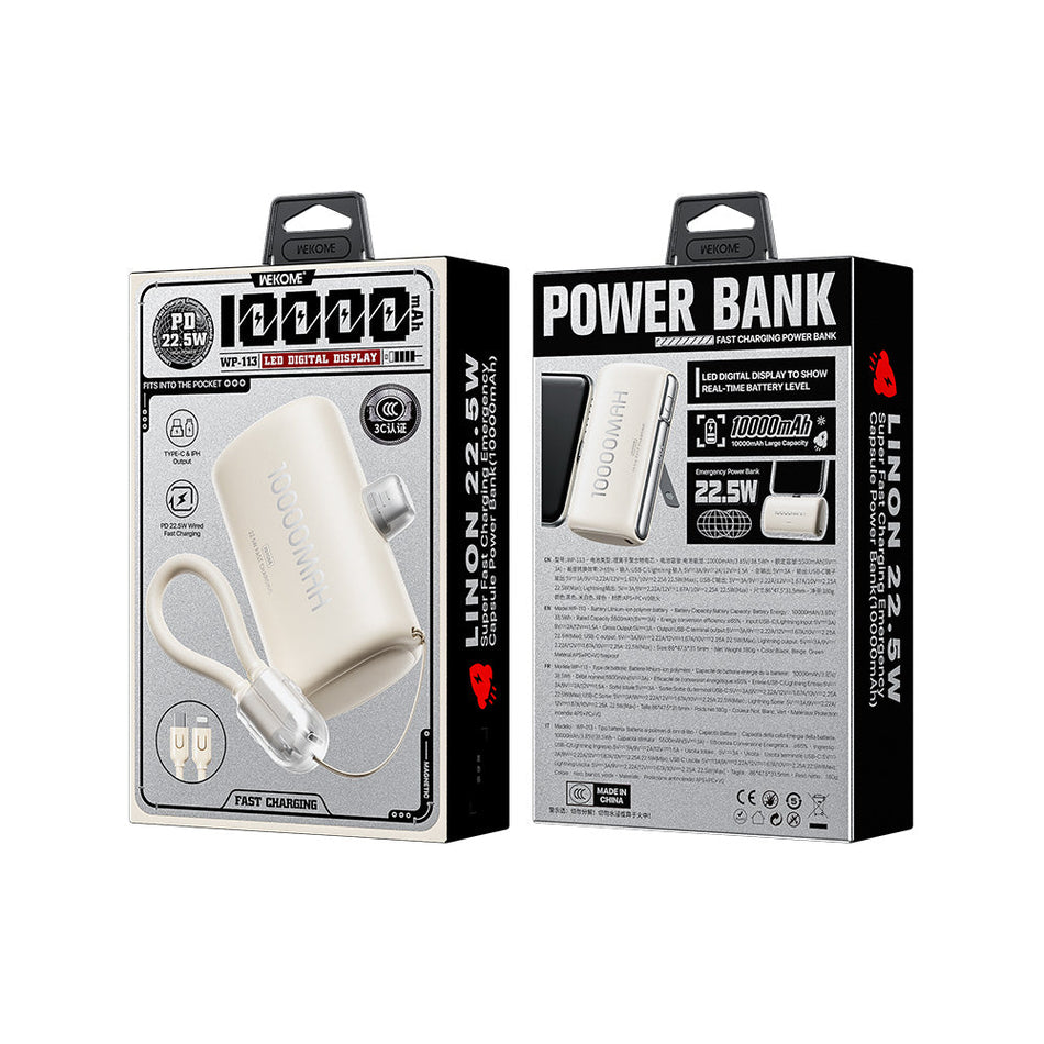 Power Bank 10000mAh PD 22,5W WK WP-113 2 Anschlüsse, mit USB-C/Lightning Kabel Beige