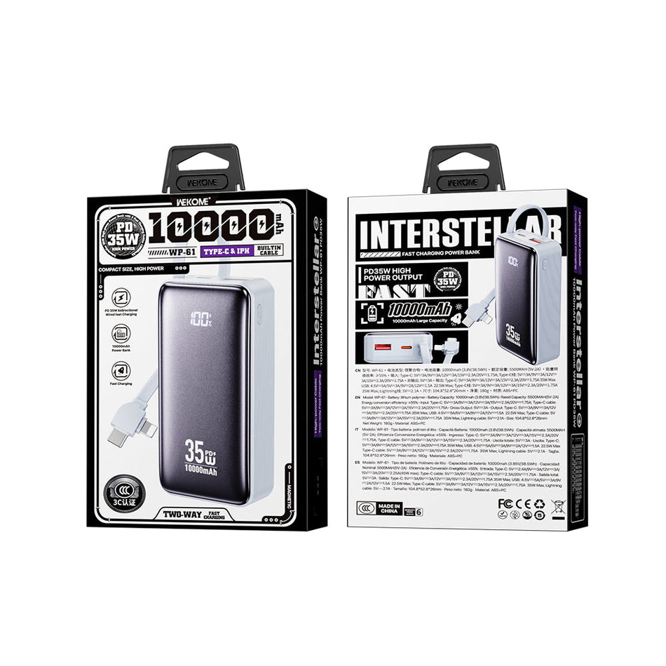 Power Bank 10000mAh PD 35W WK WP-61 2 Anschlüsse, mit USB-C/Lightning-Kabel Blau