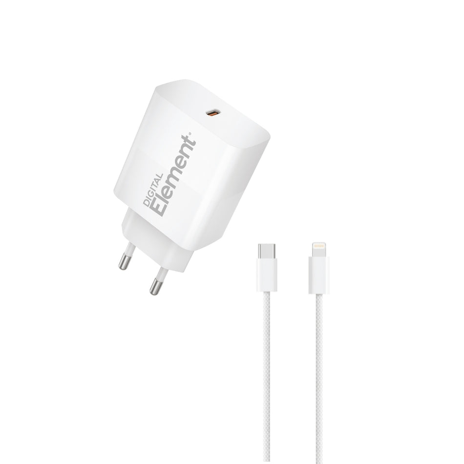 Φορτιστής Σπιτιού GaN PD 30W Element CH-250PD 1 Θέσης, με καλώδιο Lightning PD 27W 1m Λευκό