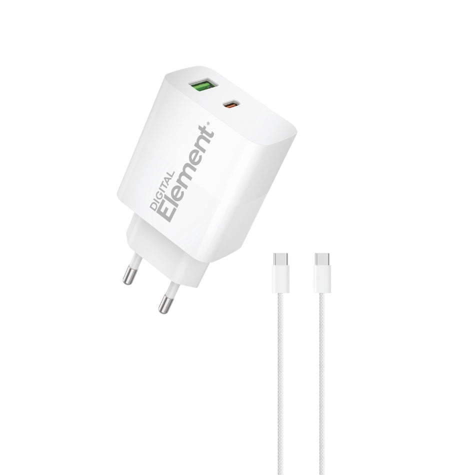 Φορτιστής Σπιτιού GaN PD 45W Element CH-350 2 Θέσεων, με καλώδιο USB-C 65W 1m Λευκό