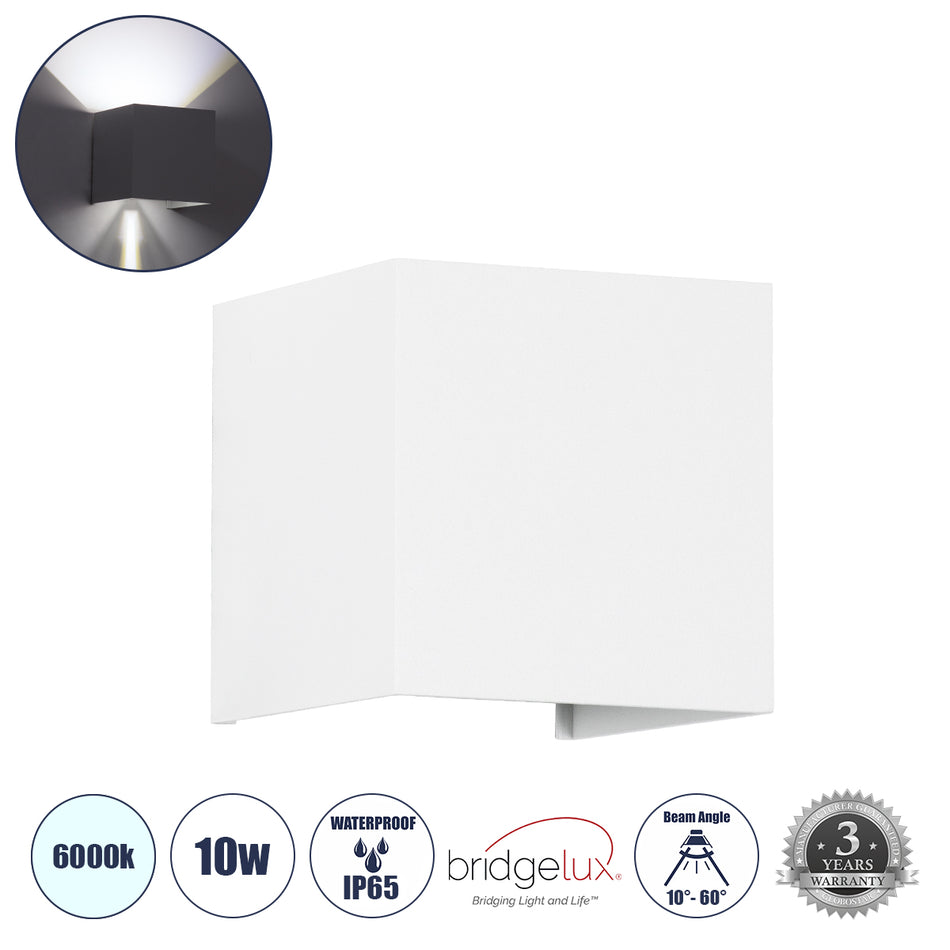 GLOBOSTAR® AXIS-S 60566 Μοντέρνο Φωτιστικό Τοίχου - Απλίκα LED 10W 1250lm 5°/60° AC 220-240V Αδιάβροχο IP65 Ψυχρό Λευκό 6000K - Bridgelux COB Chip & TÜV SÜD Driver - Λευκό Ματ - Μ10 x Π10 x Υ10cm - 5 Χρόνια Εγγύηση