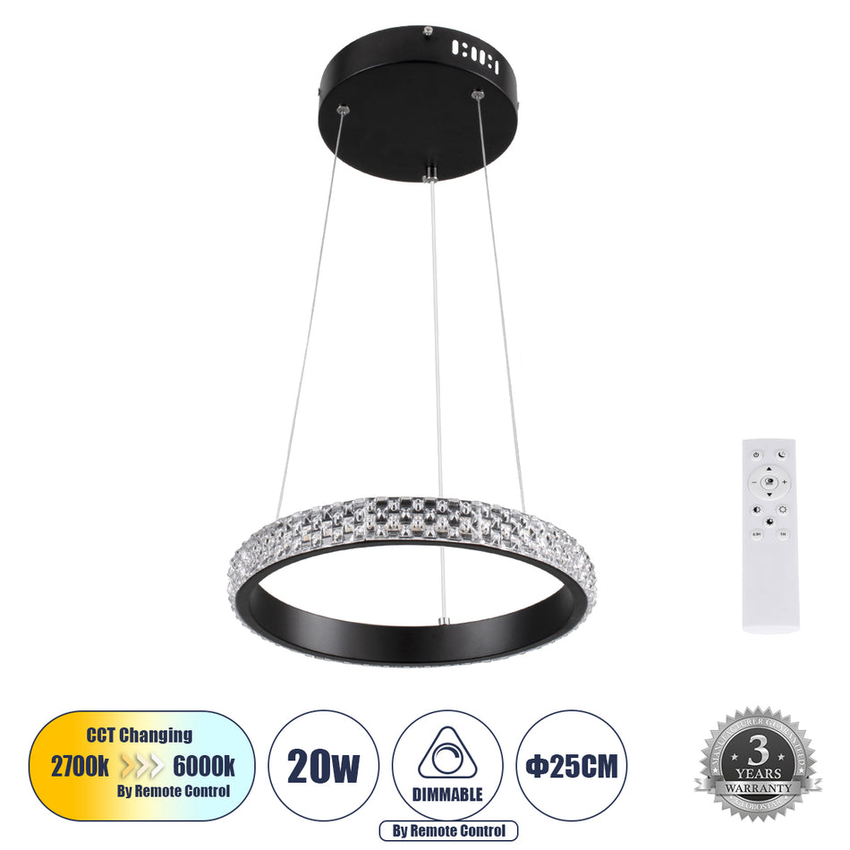 GLOBOSTAR® DIAMOND 61126 Μοντέρνο Κρεμαστό Φωτιστικό Οροφής LED 20W 2356lm 360° AC 220-240V IP20 Ρυθμιζόμενο Λευκό CCT με Χειριστήριο από 2700K έως 6000K Dimmable - Lumileds SMD Chip - Μαύρο Ματ - Μ25 x Π25 x Υ3cm - 3 Χρόνια Εγγύηση