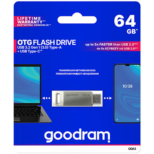 Goodram Otg Flash Drive Usb3.2 Gen1 64 Gb & Type C Silver