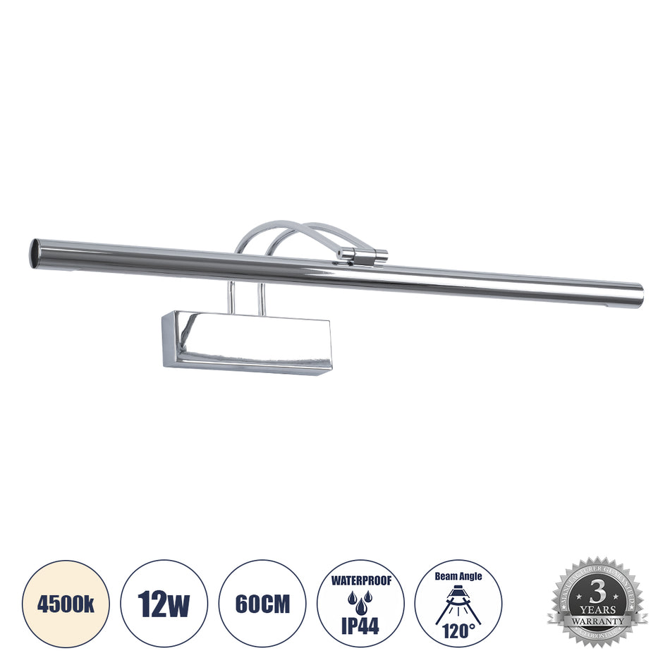 GLOBOSTAR® LAURA 60426 Μοντέρνο Φωτιστικό Τοίχου - Απλίκα Καθρέπτη Μπάνιου LED 12W 1400lm 120° AC 220-240V IP44 Φυσικό Λευκό 4500K - Lumileds SMD Chip & TÜV SÜD Driver - Ασημί - Μ60 x Π27 x Υ13cm - 3 Χρόνια Εγγύηση