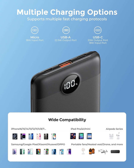 Veektomx VT103 - Power Bank 22.5W  10000mAh 38.5Wh USB C Portable Charger with PD QC 3.0 Fast Charging - Black