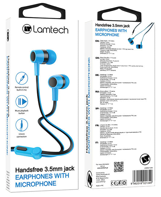 Lamtech Handsfree With Mic 3,5 Mm Jack Blue