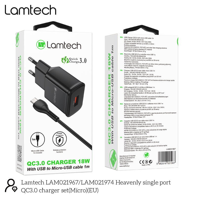Lamtech Quick Charger Usb3.0 18 W With Micro Usb Cable 1 M Black