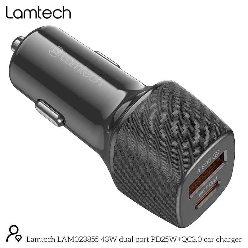Lamtech Dual Port Car Fast Charger Type C Pd 25 W & Usb 18 W Black