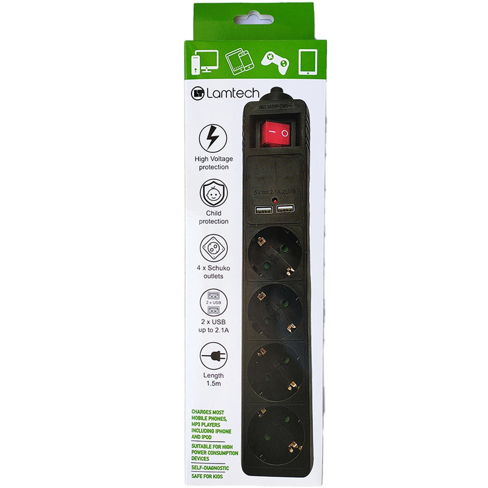 Lamtech 4 Way Surge Protector With 2x Usb 4x Schuko Black 1.5 M