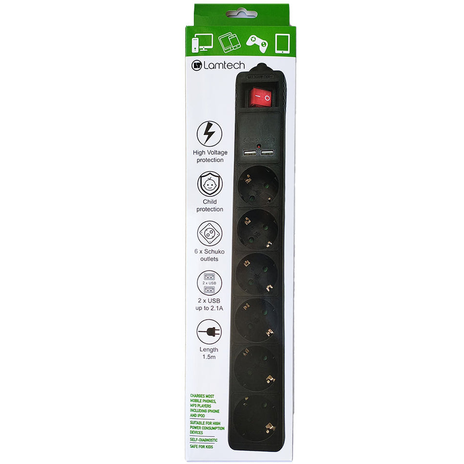 Lamtech 6 Way Surge Protector With 2x Usb 6x Schuko Black 1.5 M