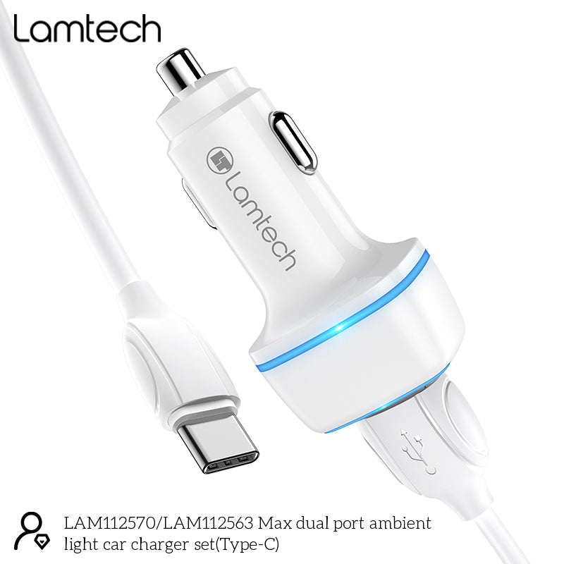Lamtech 2x Usb 2,4 A Car Charger With Type C Cable 1 M White