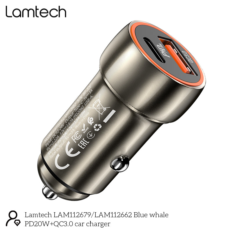 Lamtech Metal Car Charger Qc3.0 & Pd20 W Metal Gray