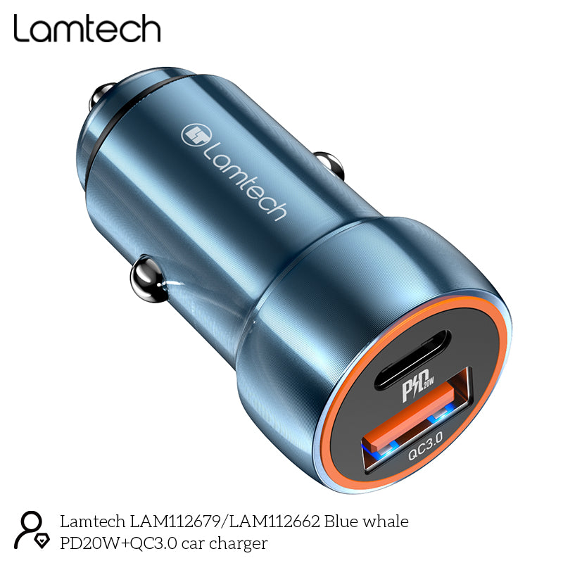 Lamtech Metal Car Charger Qc3.0 & Pd20 W Saphire Blue